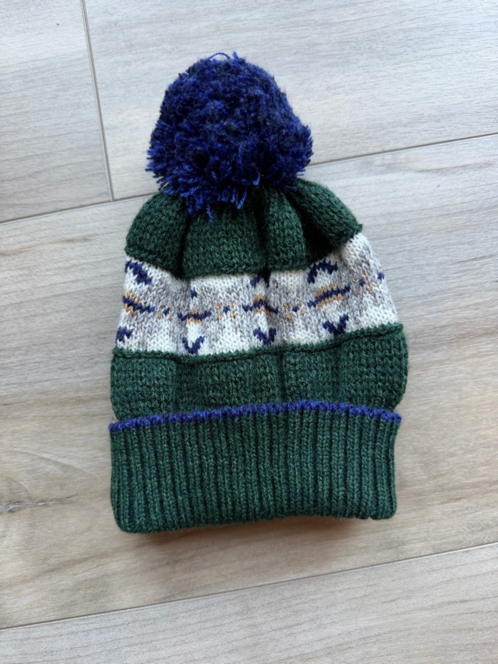Vintage Baby Pom Pom Knit Beanie Hat - Green and Navy
